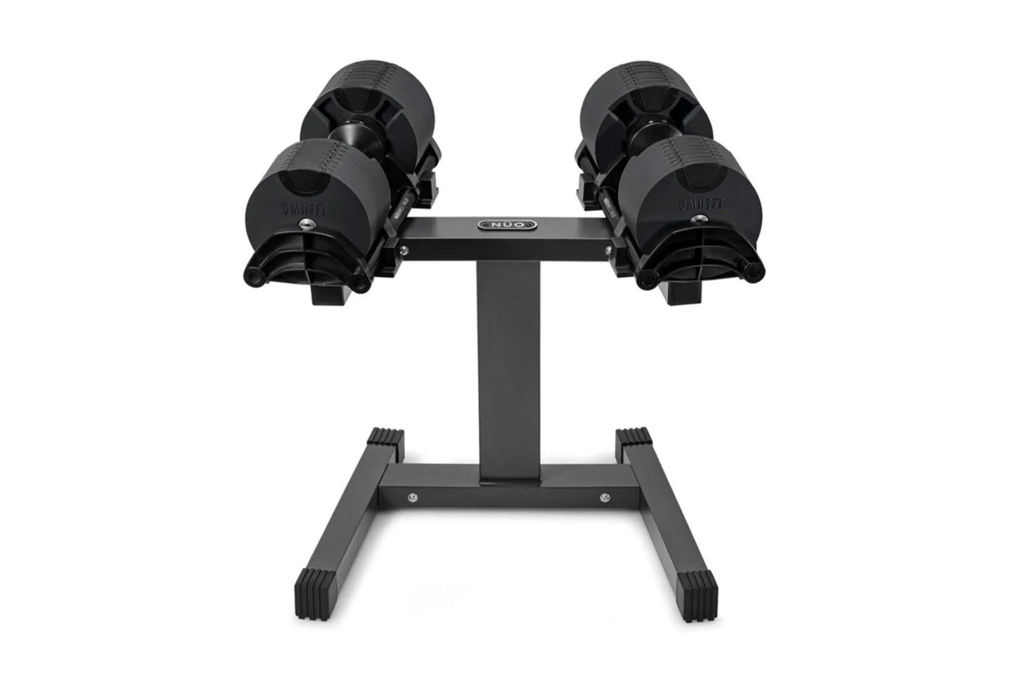 Pair of black adjustable dumbbells on stand with textured grip handles and weight plates, on white background