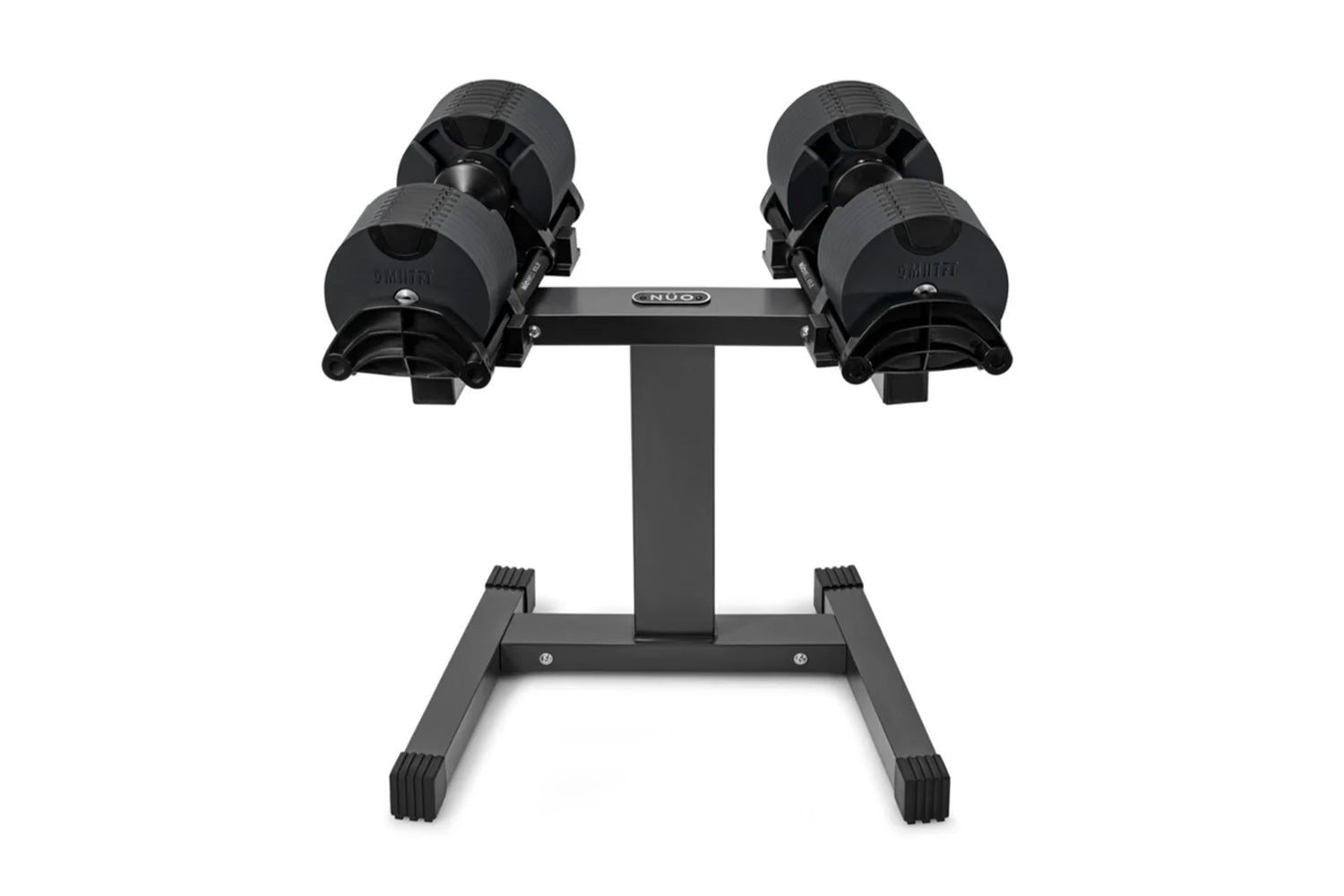 Pair of black adjustable dumbbells on stand with textured grip handles and weight plates, on white background