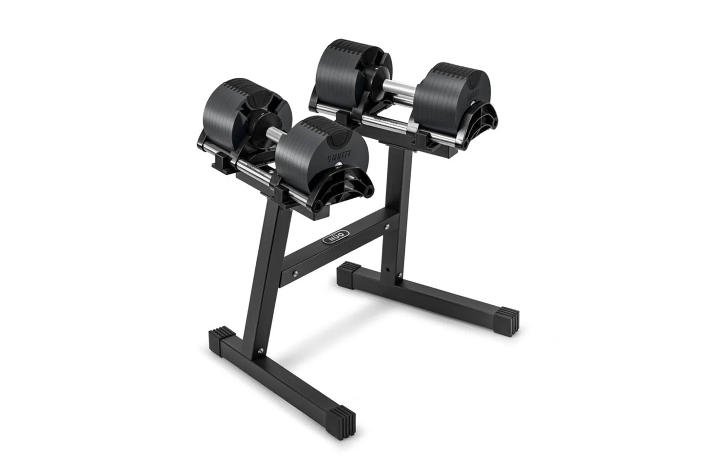 Pair of black adjustable dumbbells with textured rubber heads mounted on black metal stand, on white background