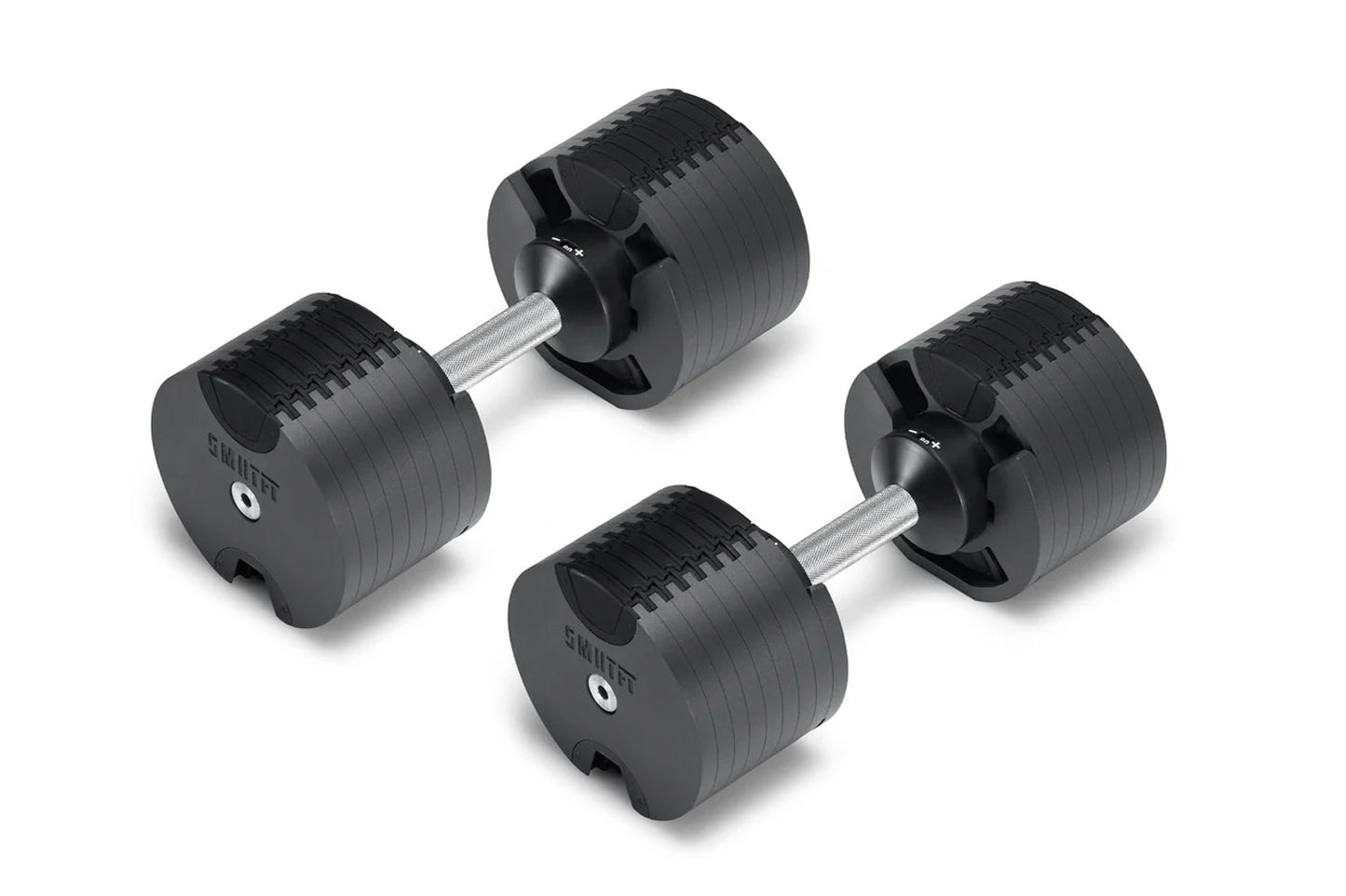 Pair of black adjustable dumbbells with chrome handles and weight plates labeled NÜOBELL, displayed on white background