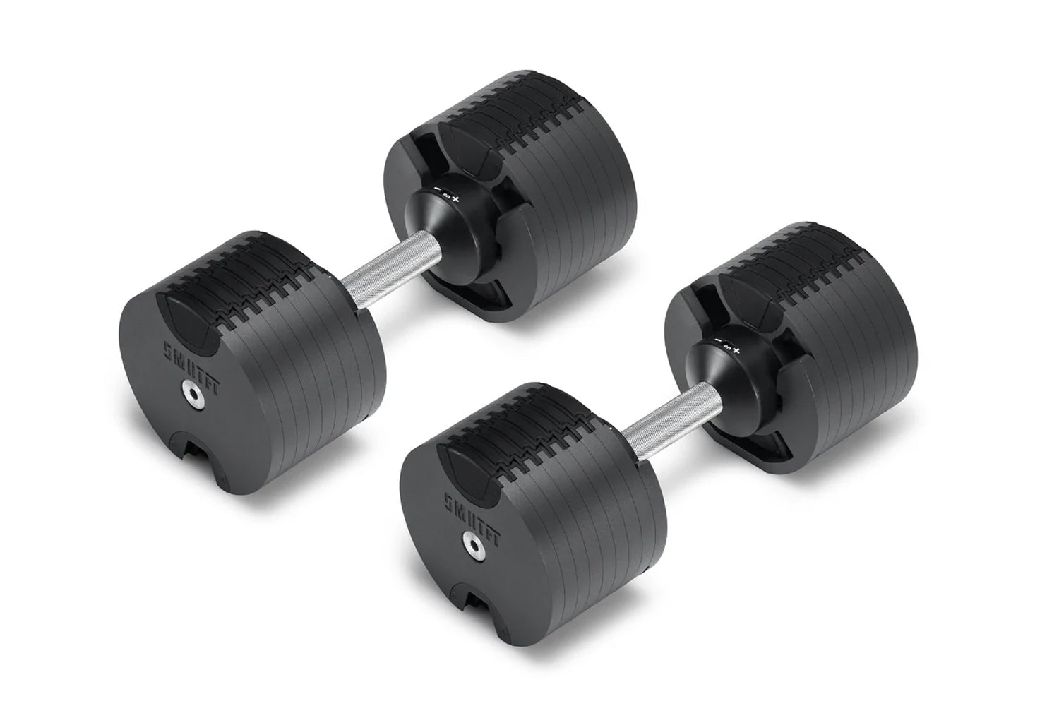 Pair of black adjustable dumbbells with chrome handles and weight plates labeled NÜOBELL, displayed on white background