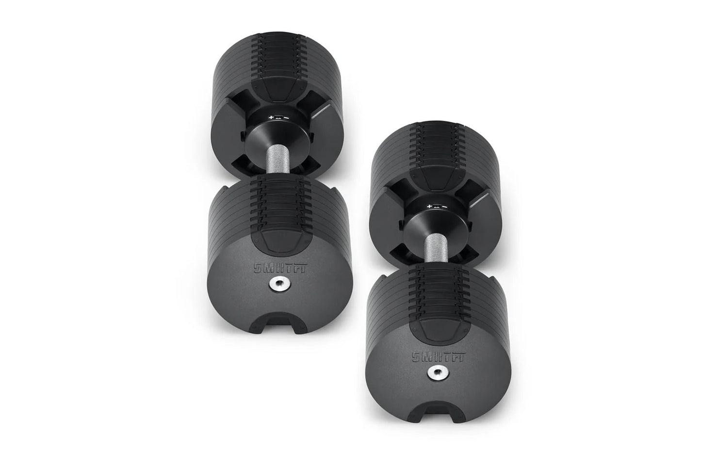 Pair of black NÜOBELL adjustable dumbbells with textured rubber grip and metal handles on white background