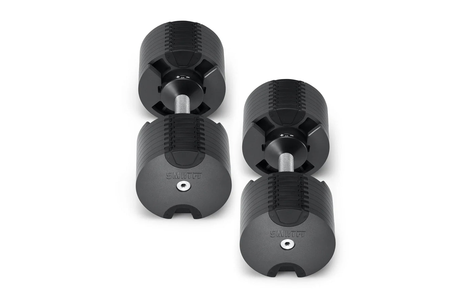 Pair of black NÜOBELL adjustable dumbbells with textured rubber grip and metal handles on white background