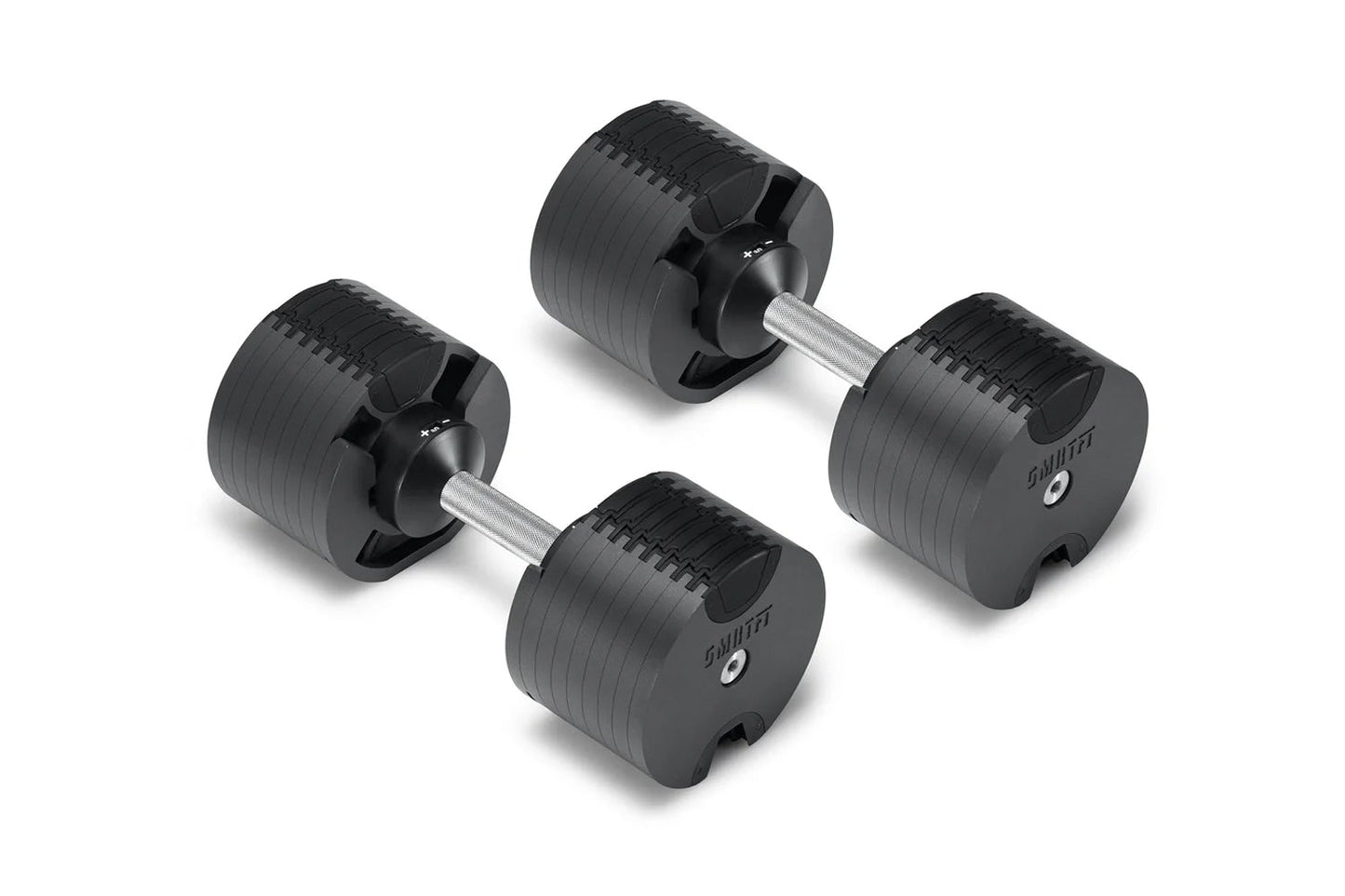 Pair of black NÜOBELL adjustable dumbbells with ridged weight plates and silver metal handles on white background