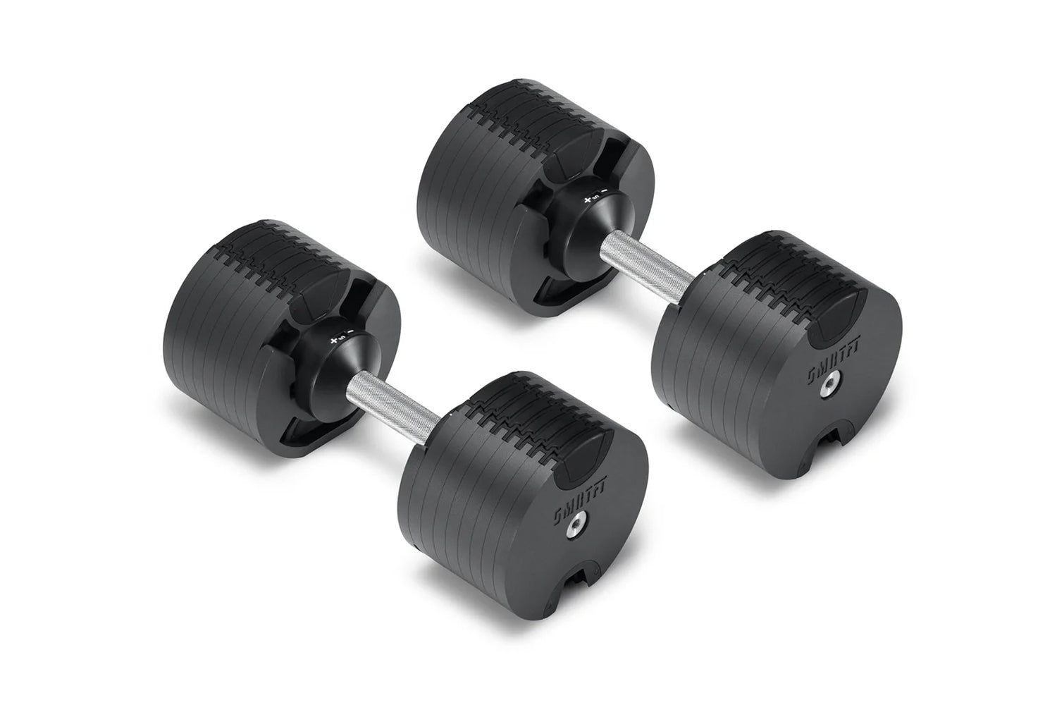 Pair of black NÜOBELL adjustable dumbbells with ridged weight plates and silver metal handles on white background