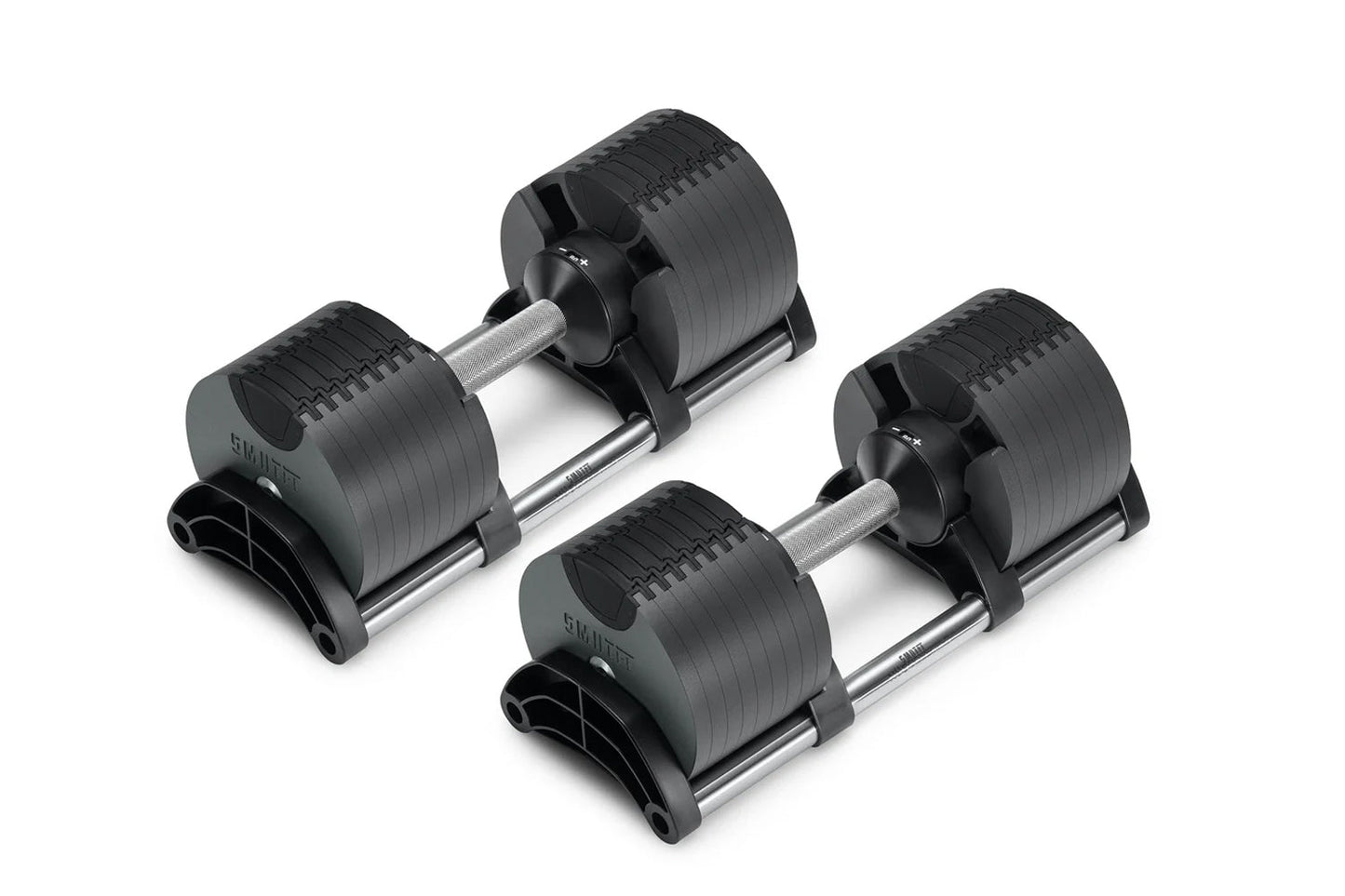 Pair of black adjustable dumbbells with metal handles and weight plates on white background