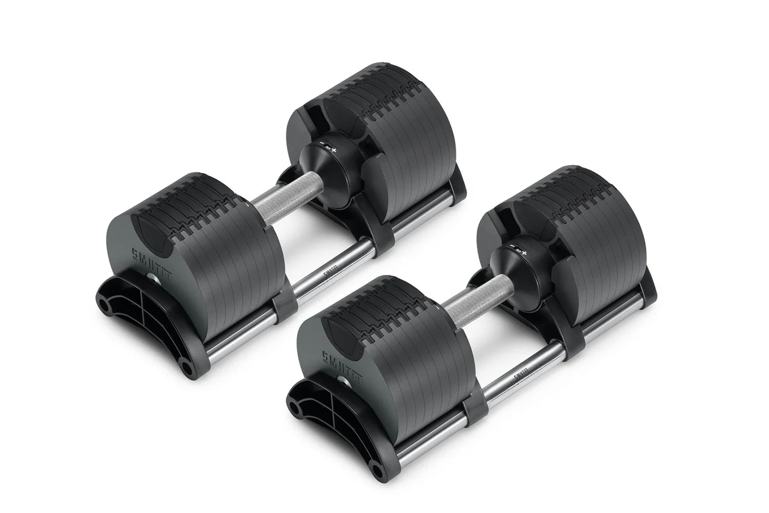 Pair of black adjustable dumbbells with metal handles and weight plates on white background