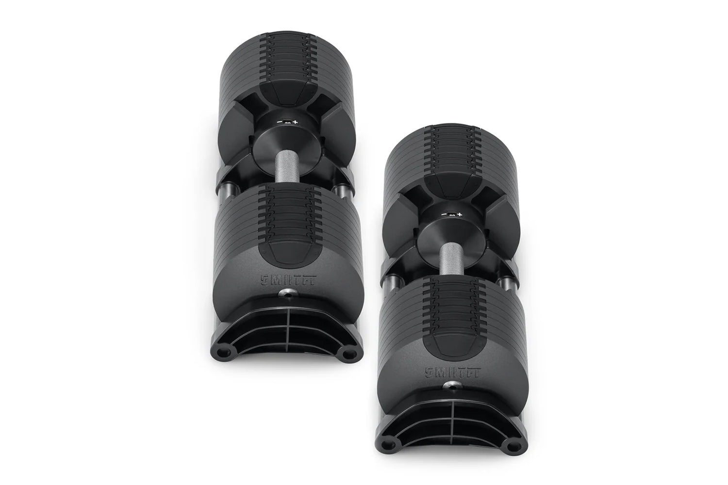 Pair of black NÜOBELL adjustable dumbbells with ribbed handles and silver connecting rods on white background