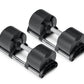 Pair of black adjustable dumbbells with metal handles and weight plates on white background
