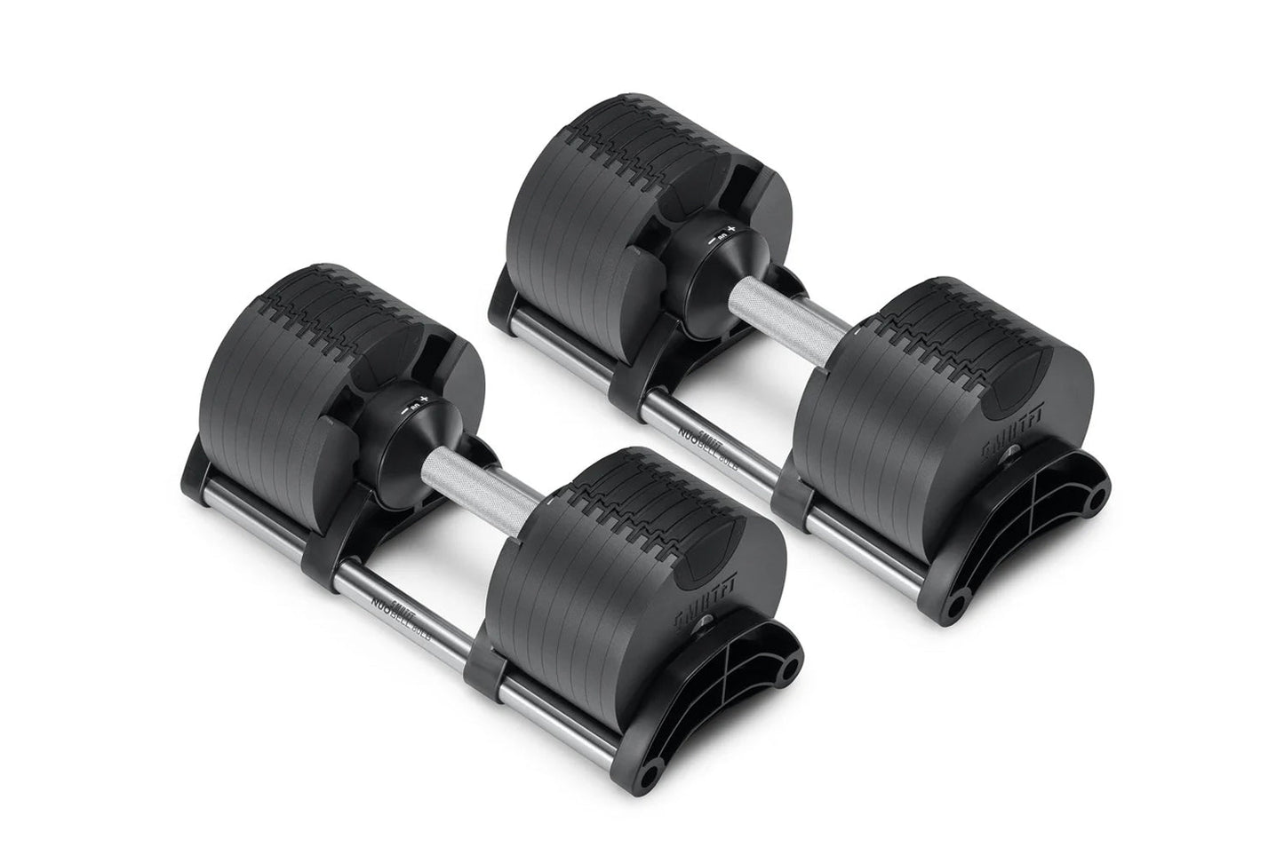 Pair of black adjustable dumbbells with metal handles and weight plates on white background