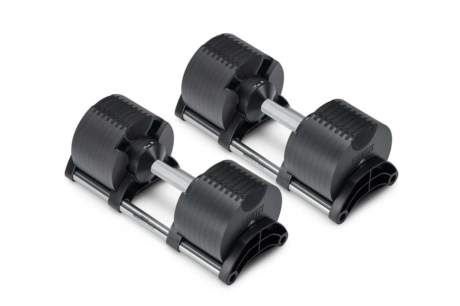 Pair of black adjustable dumbbells with metal handles and weight plates on white background