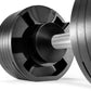 Pair of black and gray adjustable dumbbells with ribbed plates and textured grip handles on white background