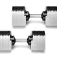 Pair of adjustable dumbbells with white plates, black top handles, and silver metal bars on white background