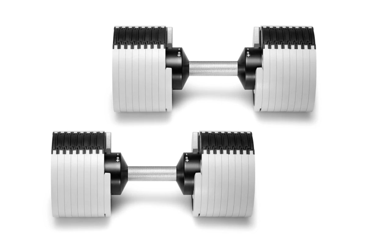 Pair of adjustable dumbbells with white plates, black top handles, and silver metal bars on white background