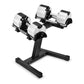 NÜOBELL 80lb adjustable dumbbells in ash and black with chrome rods on weight rack stand, displayed on white background