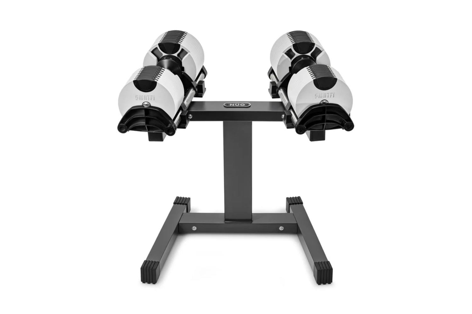 Pair of adjustable dumbbells with white and black striped heads mounted on black stand with central column, flat lay on white