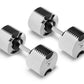 Pair of white and black adjustable dumbbells with metal handles and weight plate design, shown on white background