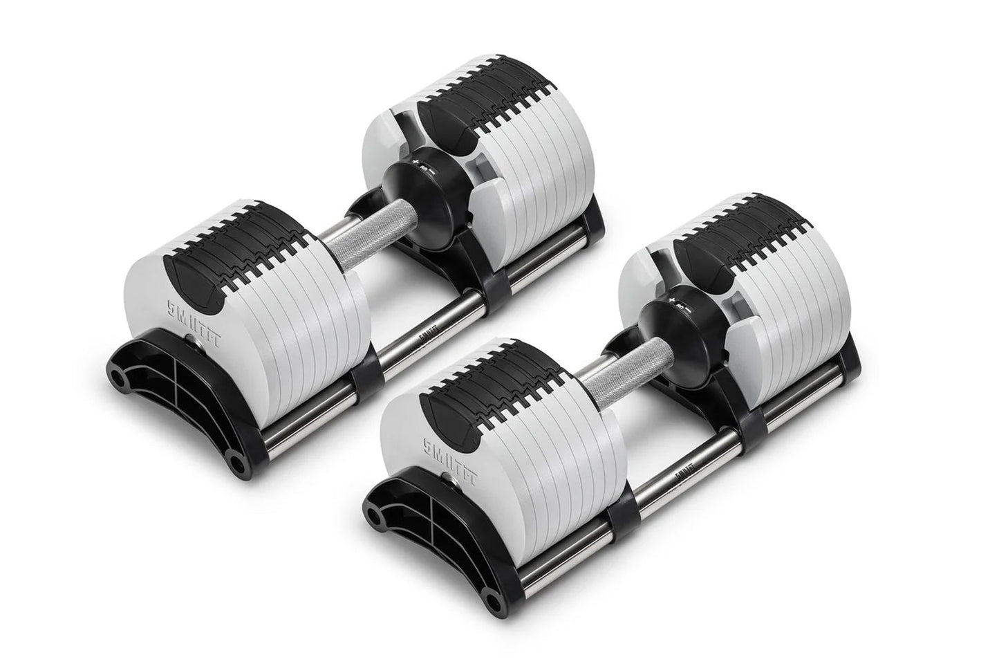 Pair of Nüobell adjustable dumbbells with white and black striped weight plates, gray handles, and black bases on white backg