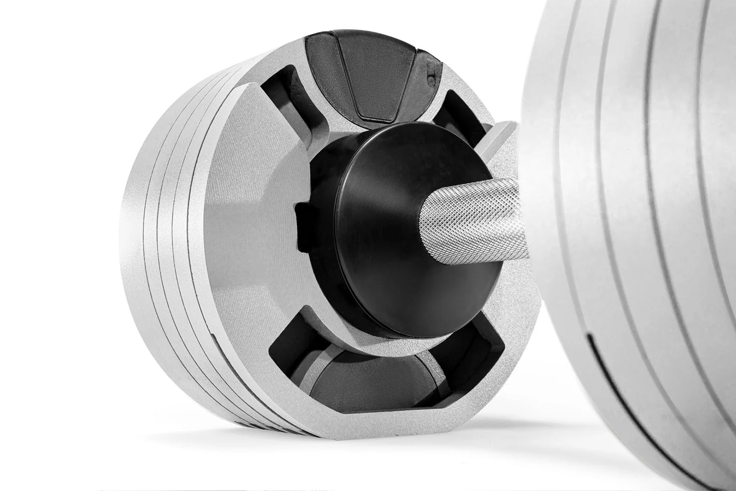 NÜOBELL 80lb adjustable dumbbells in ash gray with black accents, showing weight plates and connector mechanism on white back