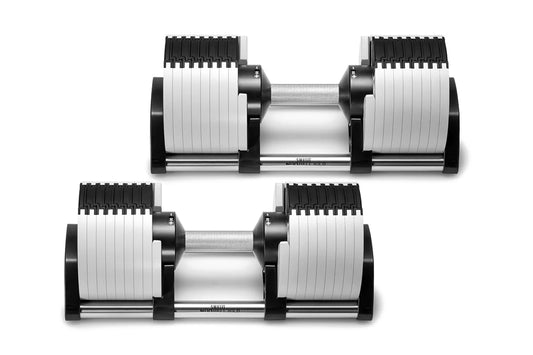 Pair of adjustable dumbbells with white and black segmented plates, silver metal handles, and black end caps on white backgro