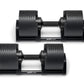 Pair of black adjustable dumbbells with vertical ribbed weight plates and gray handles, labeled 80lb, shown on white backgrou