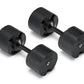 Pair of black adjustable dumbbells with ribbed weight plates and black handles on white background