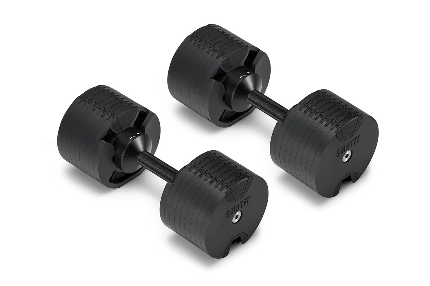 Pair of black adjustable dumbbells with ribbed weight plates and black handles on white background