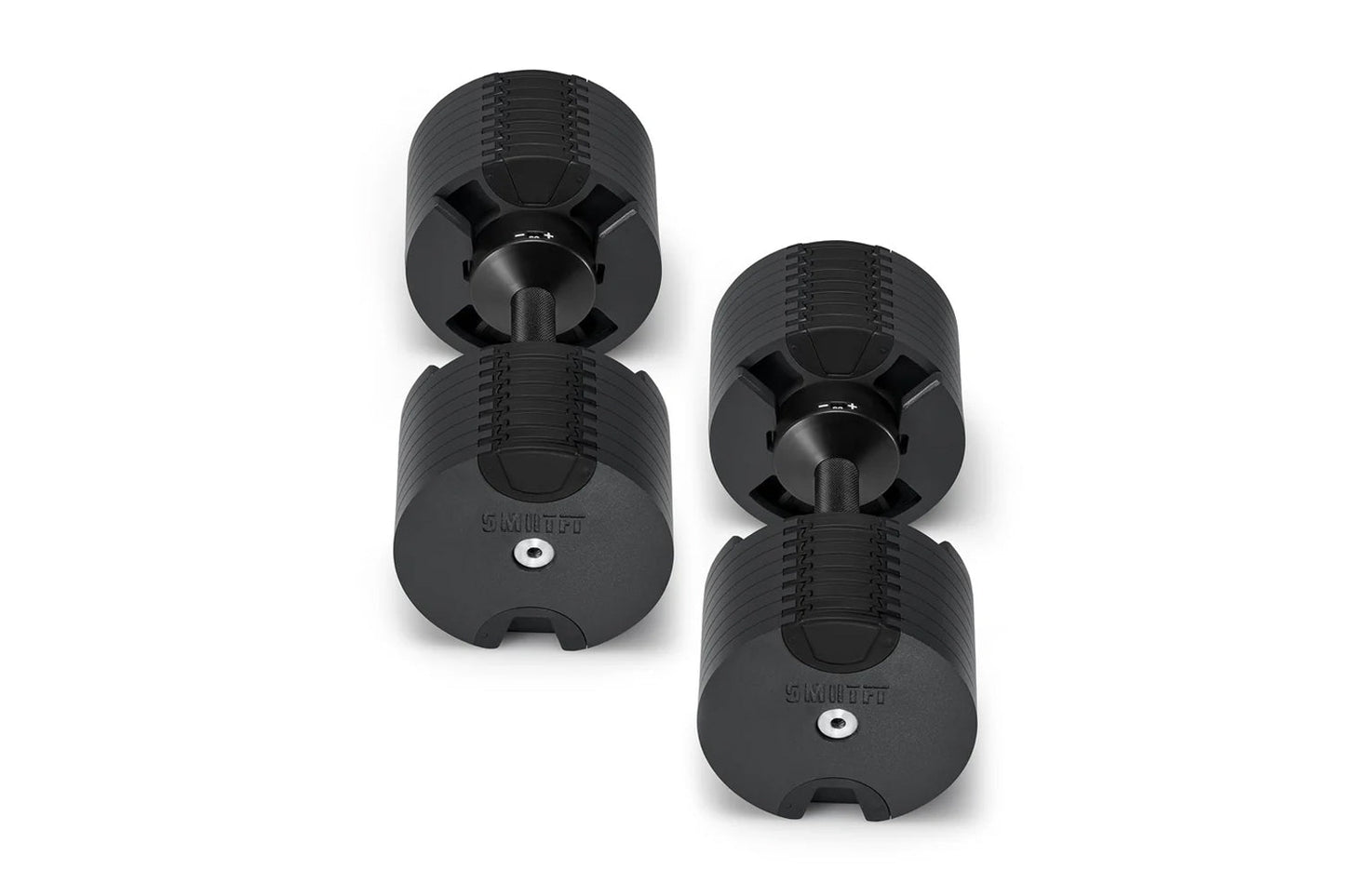 Pair of black adjustable dumbbells with ribbed grip handles and weight selector dials, shown on white background