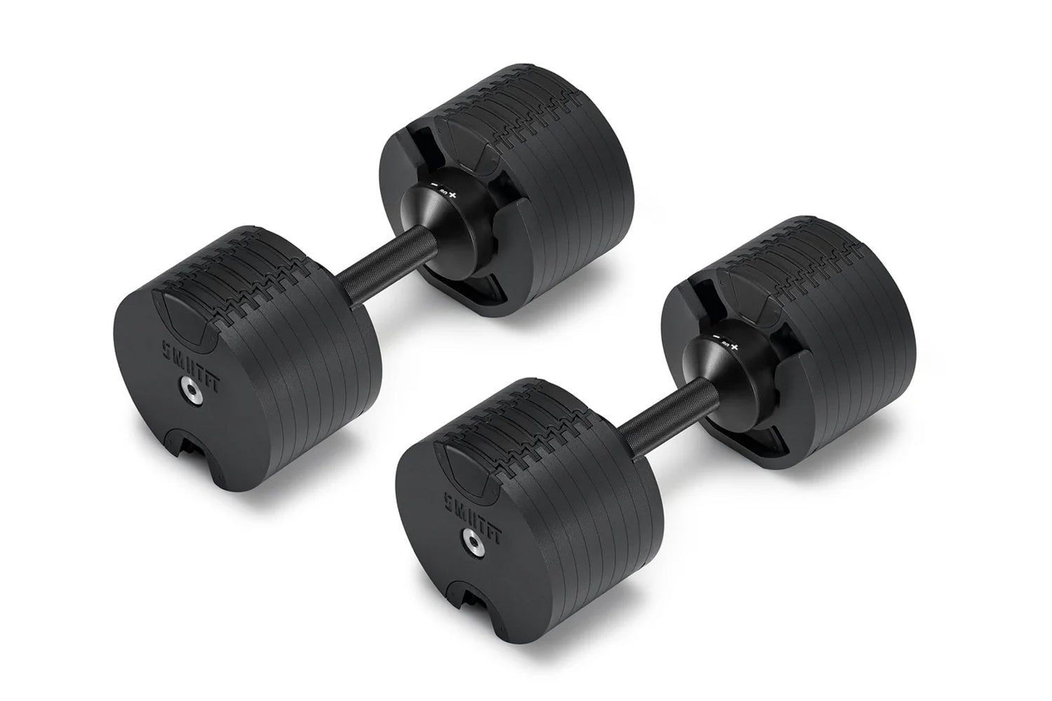 Pair of matte black adjustable dumbbells with black handle and textured weight plates, marked with weight indicator on white 