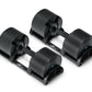 Pair of black adjustable dumbbells with textured weight plates and black handles on white background