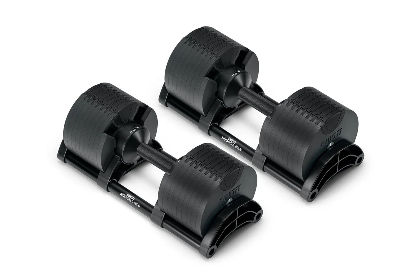 Pair of black adjustable dumbbells with textured weight plates and black handles on white background