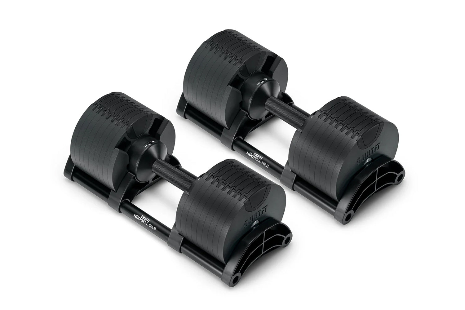 Pair of black adjustable dumbbells with textured weight plates and black handles on white background