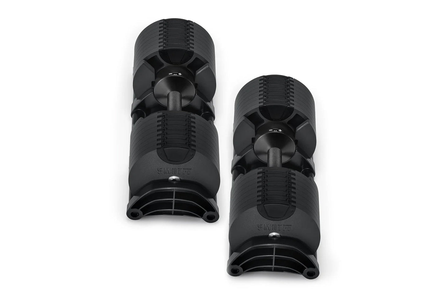 Pair of black NÜOBELL adjustable dumbbells with grip handles and rotating selector mechanism, shown on white background