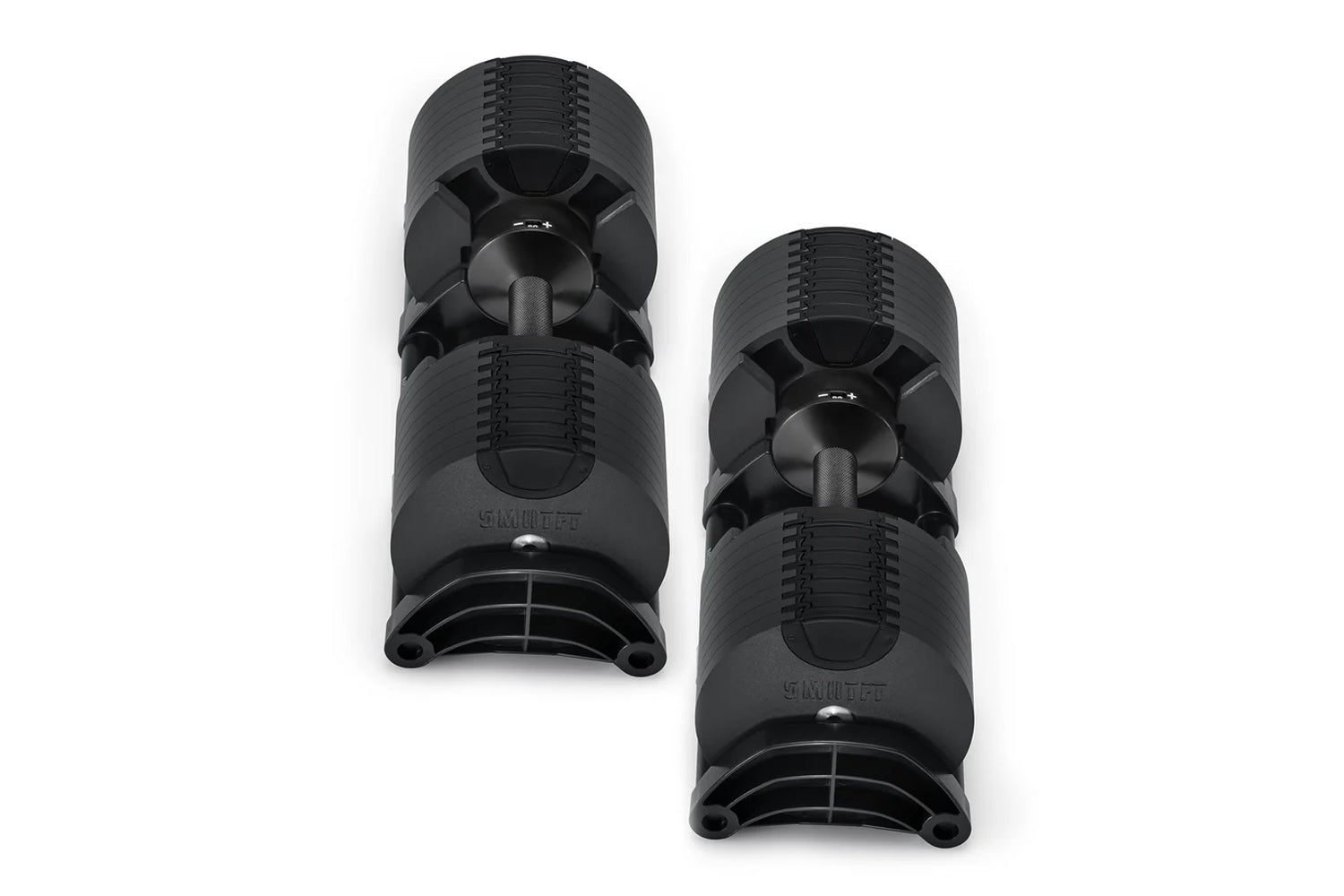 Pair of black NÜOBELL adjustable dumbbells with grip handles and rotating selector mechanism, shown on white background