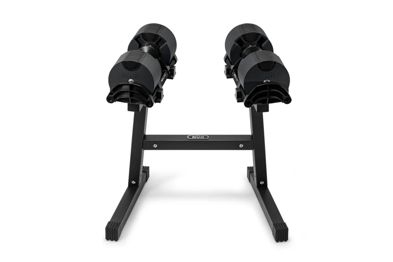Pair of black adjustable dumbbells on matching stand, flat lay on white background