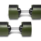 Pair of green and black adjustable dumbbells with metal handles displayed on white background