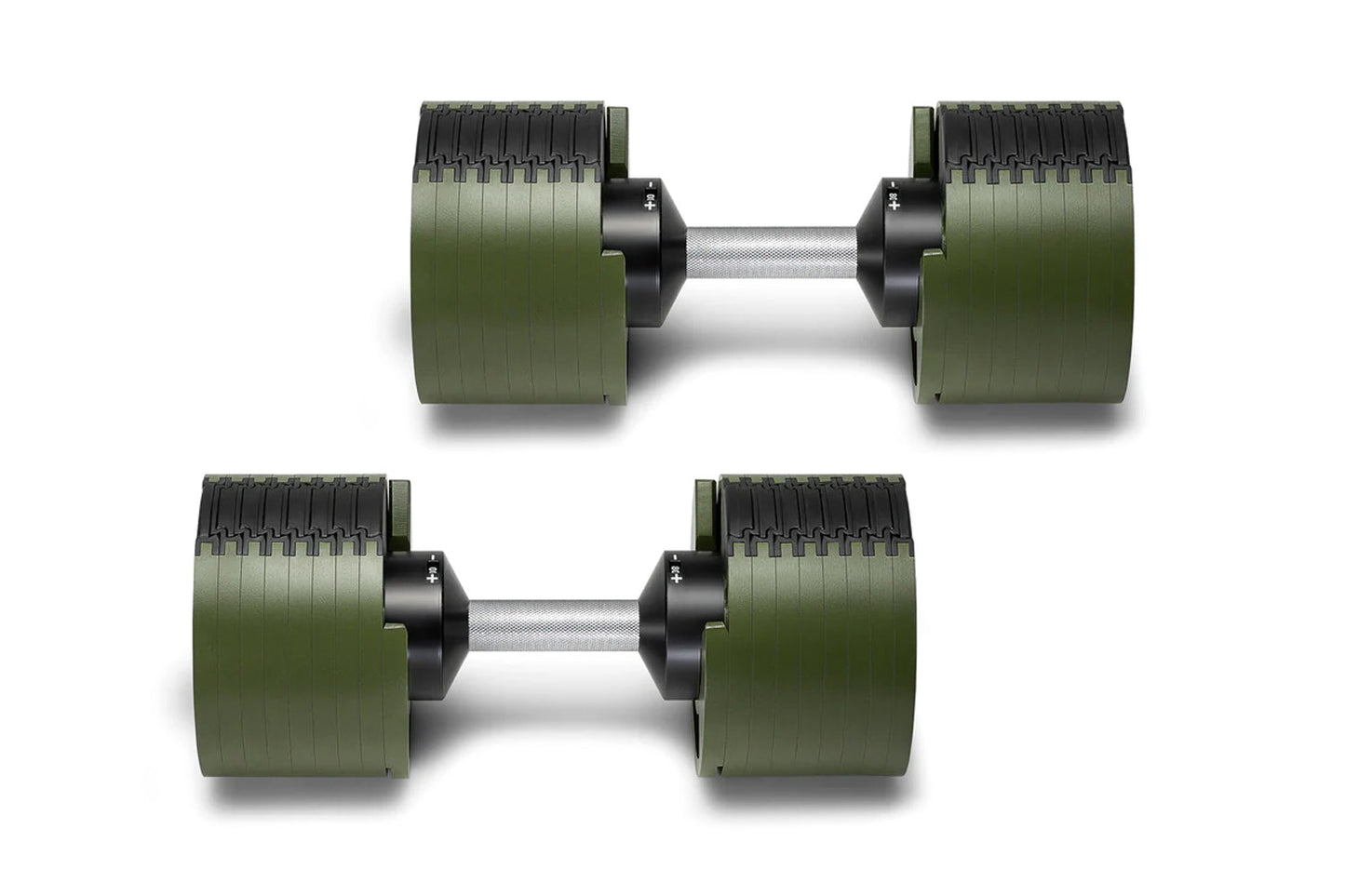 Pair of green and black adjustable dumbbells with metal handles displayed on white background
