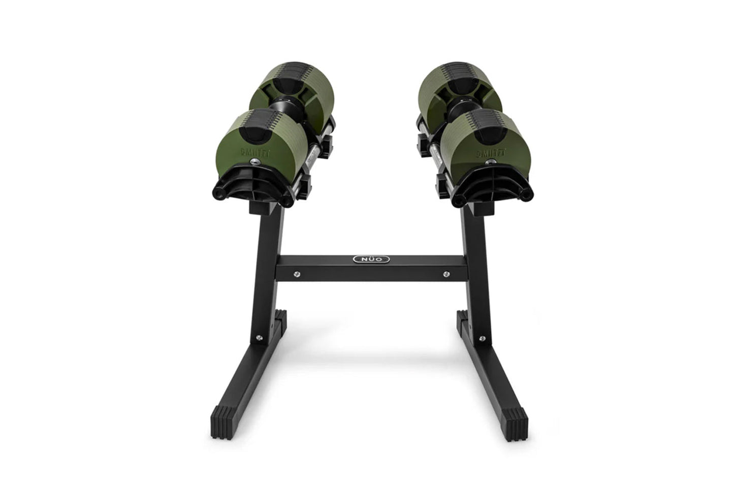 Pair of olive green and black adjustable dumbbells mounted on black stand, flat lay on white background