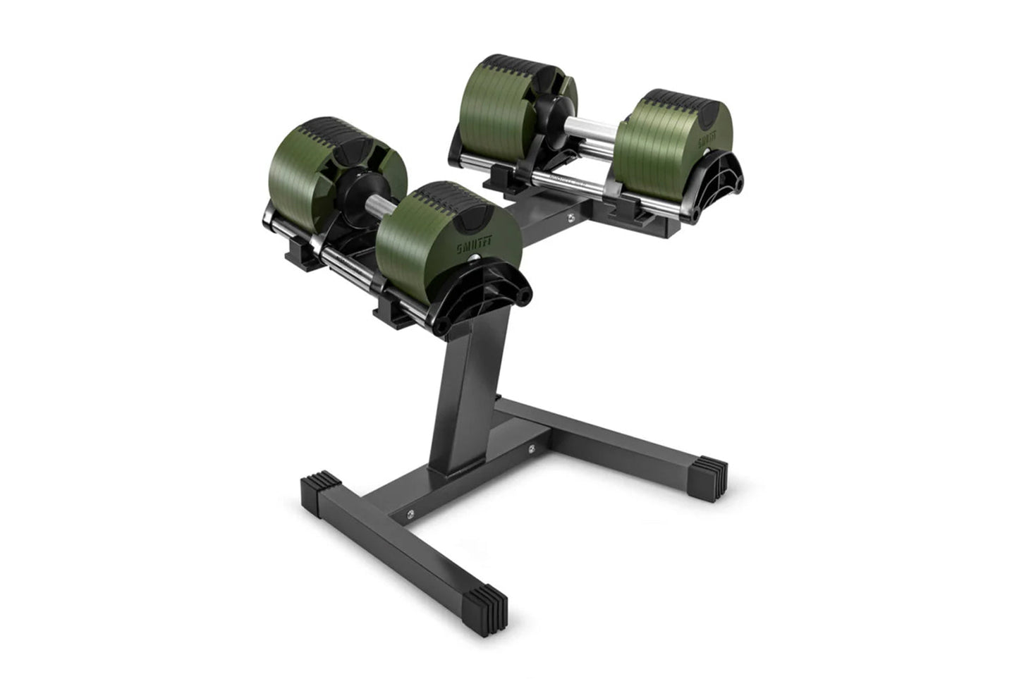 Pair of adjustable dumbbells with olive green and black weight plates on black stand, flat lay on white background