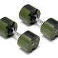 Pair of olive green and black adjustable dumbbells with metal handles connected together on white background