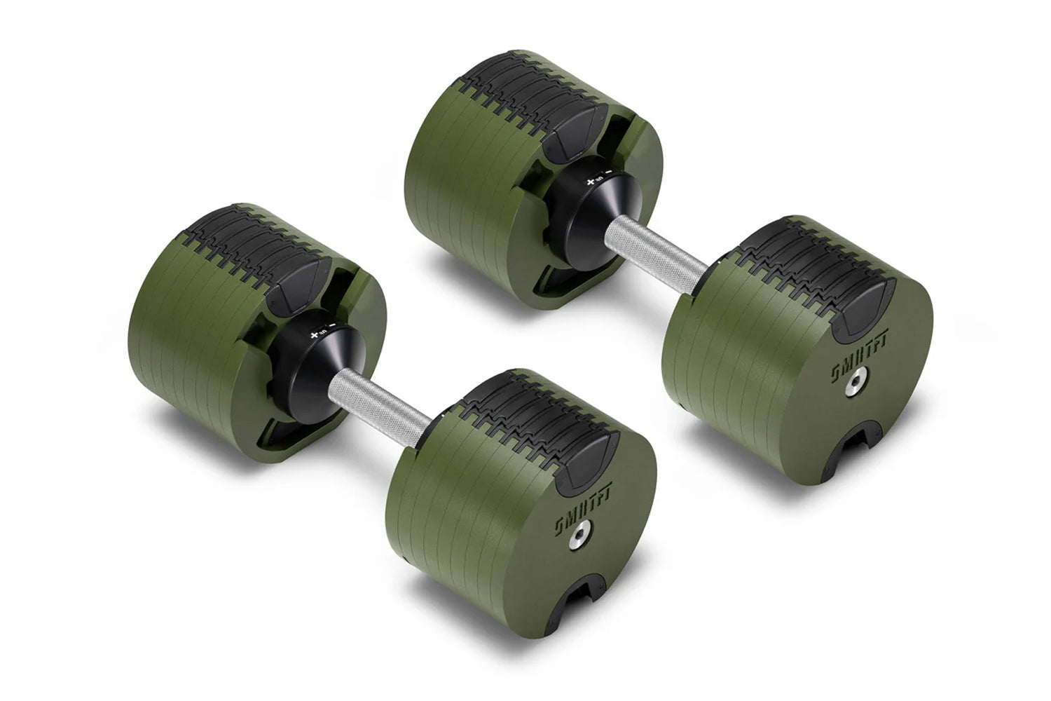 Pair of olive green and black adjustable dumbbells with metal handles connected together on white background