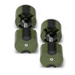 Pair of Nüobell adjustable dumbbells in olive green with black accents and metal handles, flat lay on white background