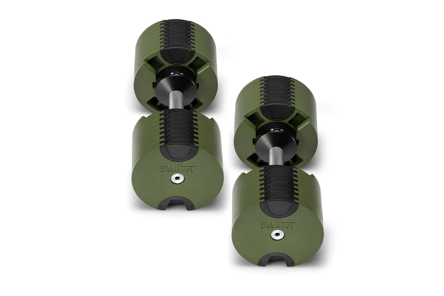 Pair of Nüobell adjustable dumbbells in olive green with black accents and metal handles, flat lay on white background