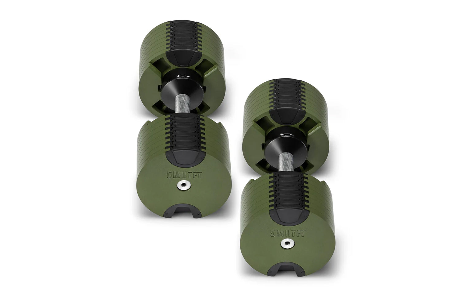Pair of Nüobell adjustable dumbbells in olive green with black accents and metal handles, flat lay on white background