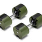 Pair of olive green adjustable dumbbells with black grip handles and weight plates, displayed on white background