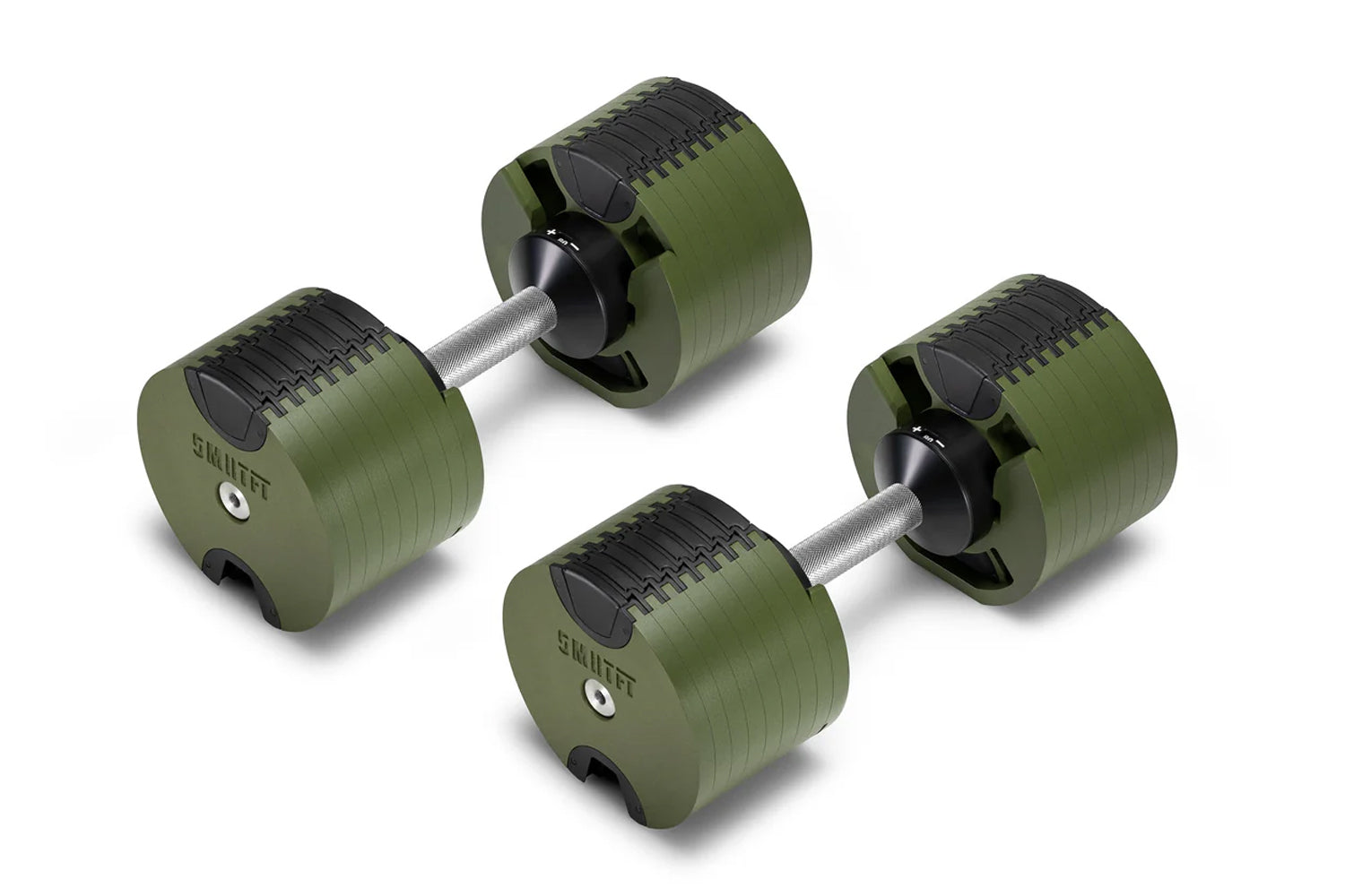 Pair of olive green adjustable dumbbells with black grip handles and weight plates, displayed on white background
