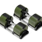 Set of four olive green and black adjustable dumbbells with metal handles on white background