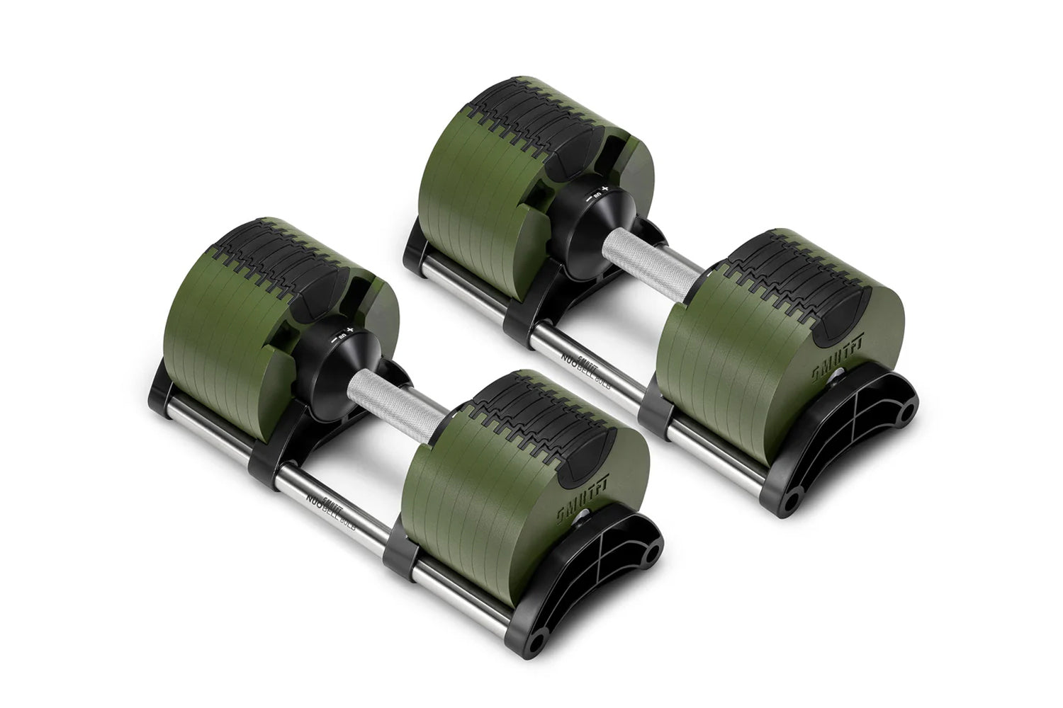 Set of four olive green and black adjustable dumbbells with metal handles on white background