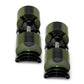 Pair of Nüobell adjustable dumbbells with olive green and black rubber exterior, metal handles, and black base on white backg
