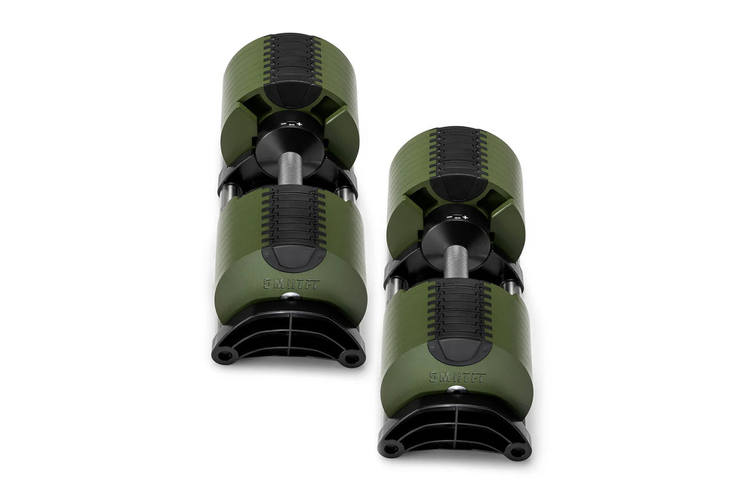 Pair of Nüobell adjustable dumbbells with olive green and black rubber exterior, metal handles, and black base on white backg